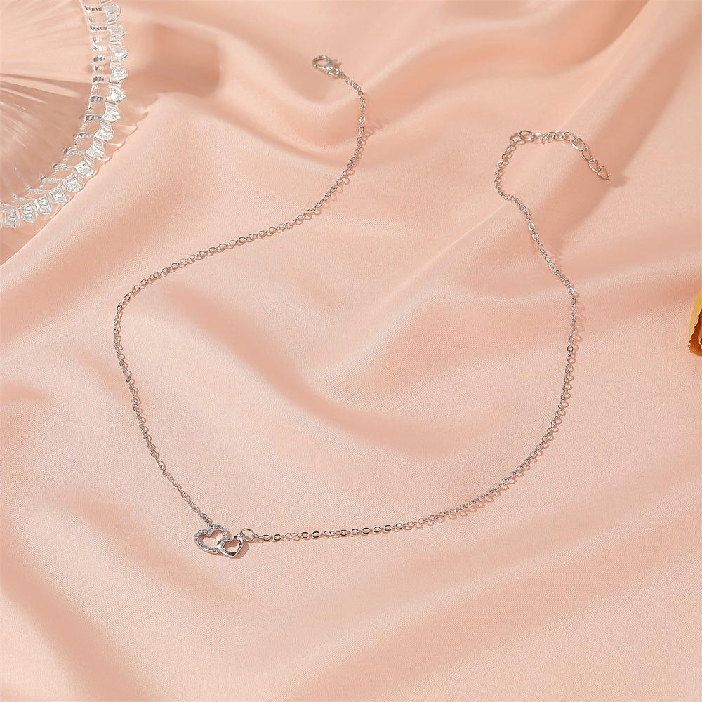 Simple Heart Necklace Two Tone Heart Zircon Pendant Chain Necklace Heart Shaped Zicron Ring 925 Silver Plated
