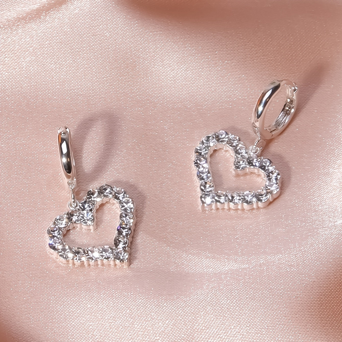 Hollow Heart-Shaped Full Rhinestone Drop Hoop Earrings Silver Plated Delicate Jewelry For Women Girls Valentines Day Decoration Gifts