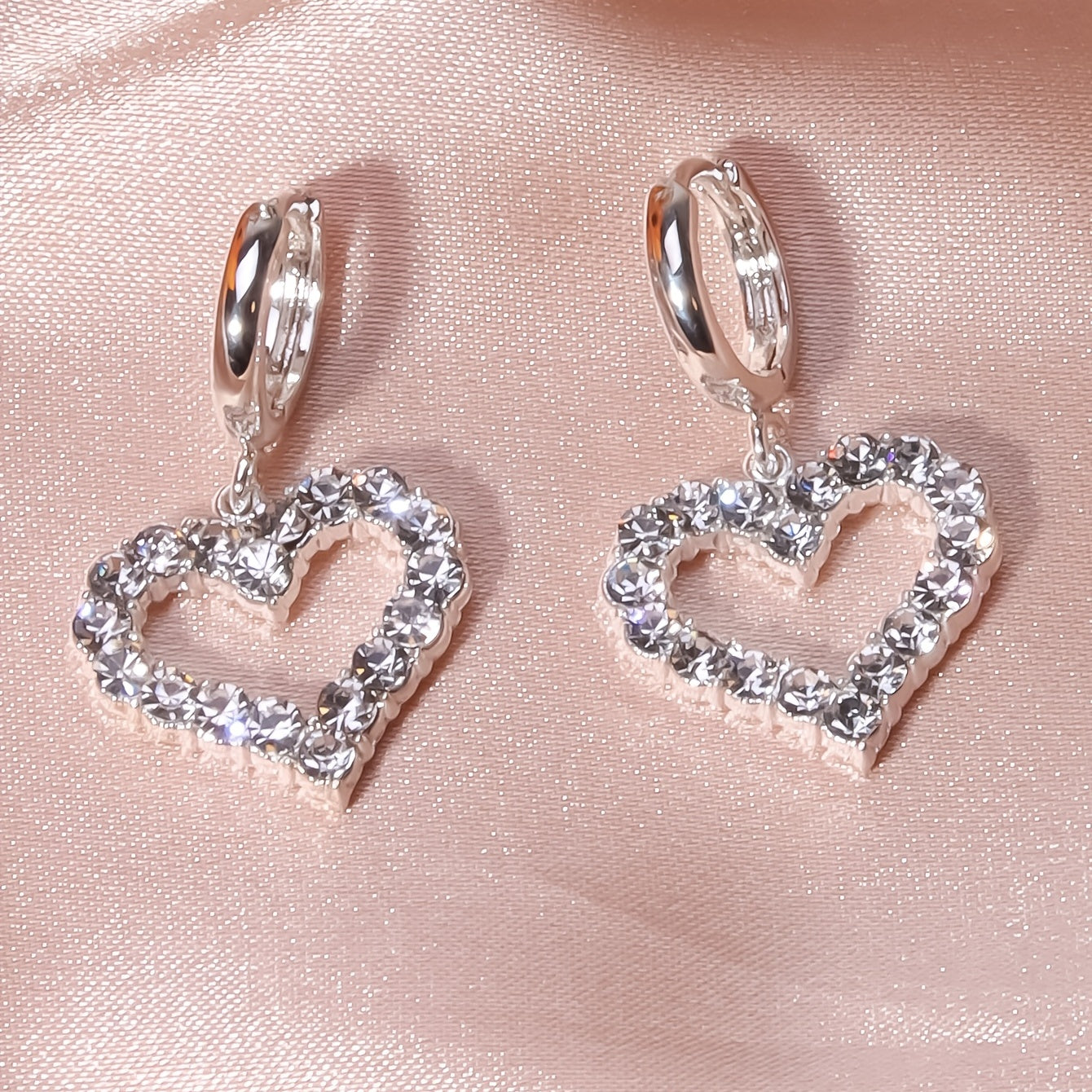 Hollow Heart-Shaped Full Rhinestone Drop Hoop Earrings Silver Plated Delicate Jewelry For Women Girls Valentines Day Decoration Gifts