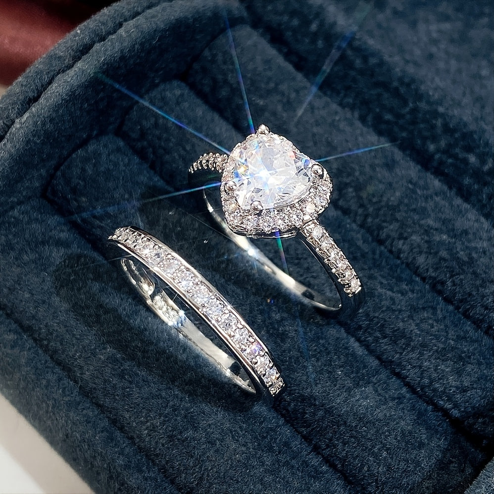 Wedding Rings Set For Women Silver Prong Setting Heart White Zircon Rings Bridal Romantic Proposal Engagement Ring